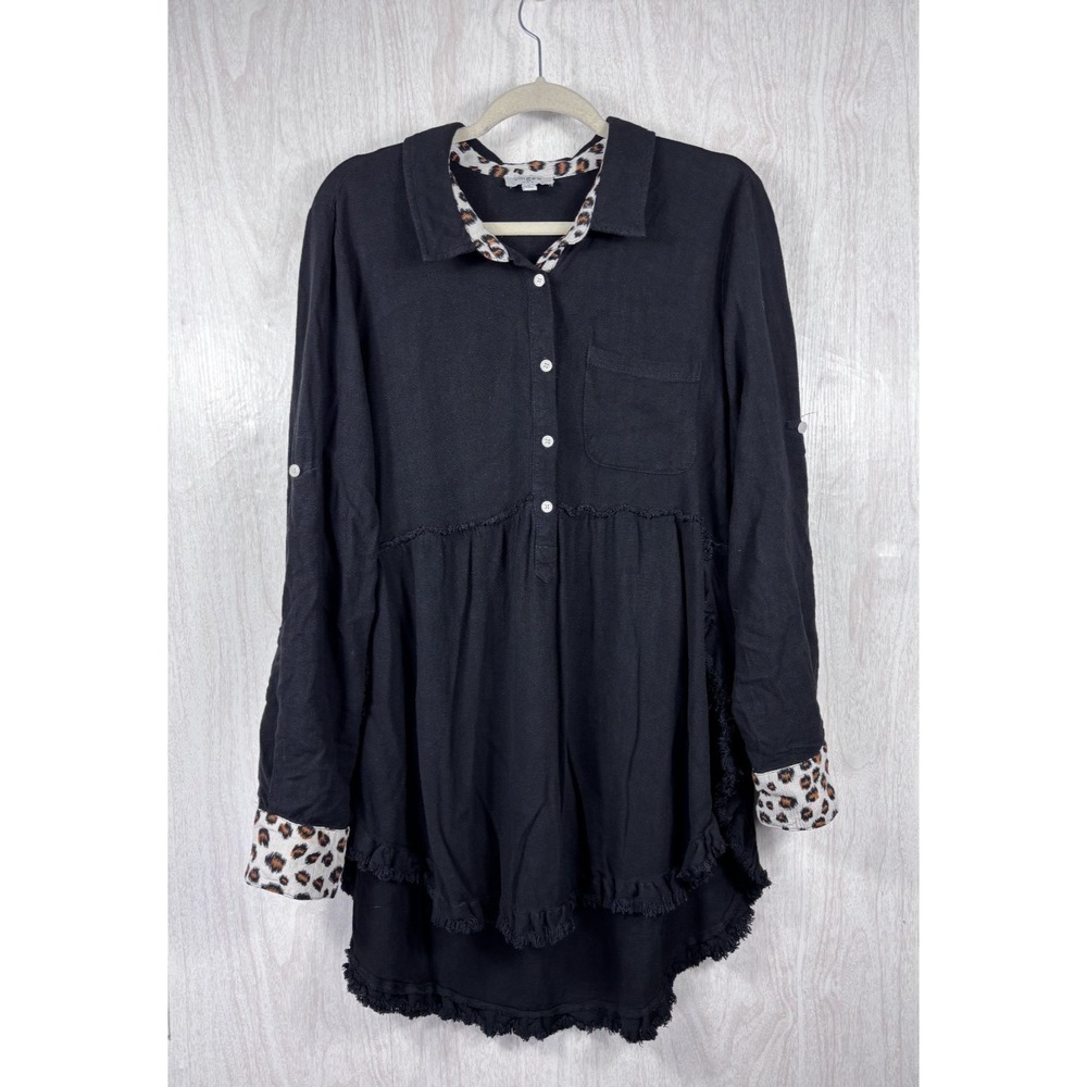 Umgee Linen Shirt Dress Womens S Black Leopard Trim Lagenlook Boho Tunic - Picture 2 of 7
